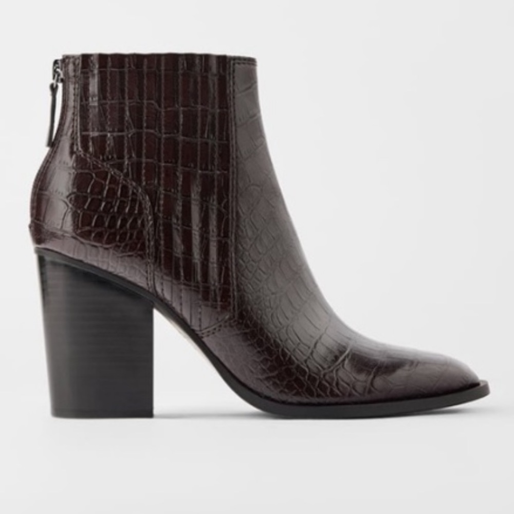 Zara Embossed croc burgundy ankle boot